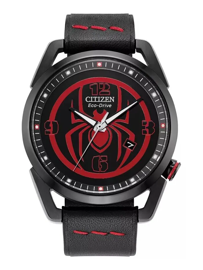 Мужские часы Eco-Drive Marvel Miles Morales с черным кожаным ремешком, 42 мм Citizen