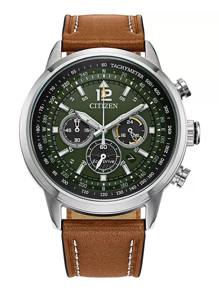 Мужские часы Eco-Drive с хронографом Avion, коричневый кожаный ремешок, 44 мм Citizen