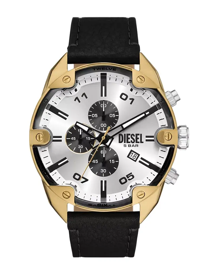 Мужские часы Spiked Quartz Chronograph с черным кожаным ремешком, 49 мм Diesel — изображение 1 из 3
