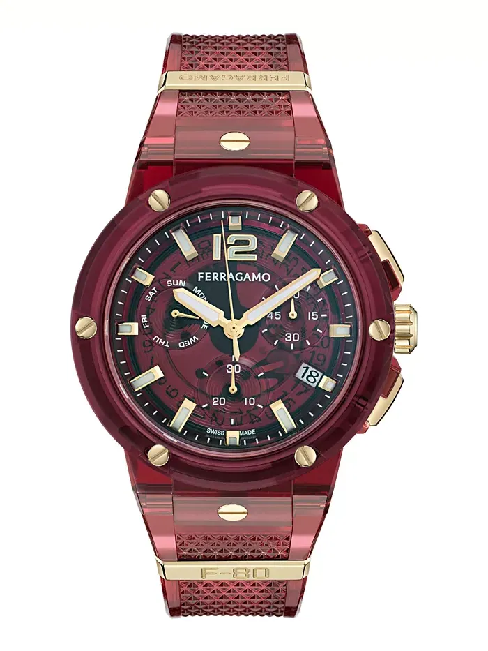 Мужские часы Swiss Chronograph F-80 с прозрачным бордовым полиуретановым ремешком, 44 мм Ferragamo — изображение 1 из 3