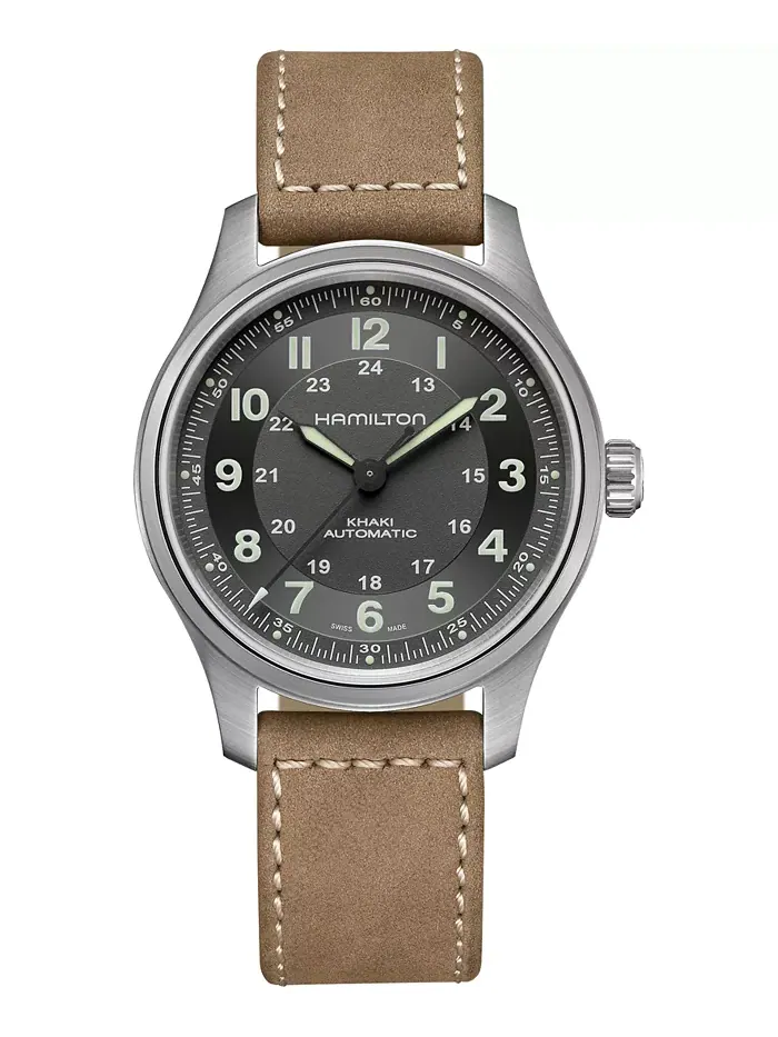 Мужские швейцарские автоматические часы Khaki Field с коричневым кожаным ремешком, 42 мм Hamilton — изображение 1 из 5