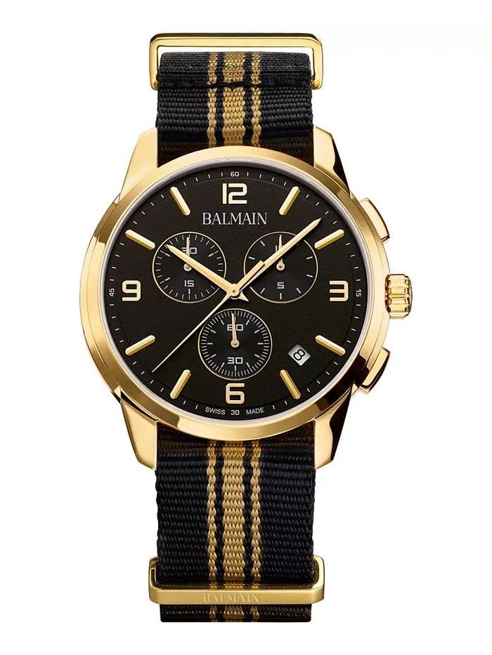 Мужские часы Swiss Chronograph Madrigal с черным полосатым ремешком NATO, 42 мм Balmain