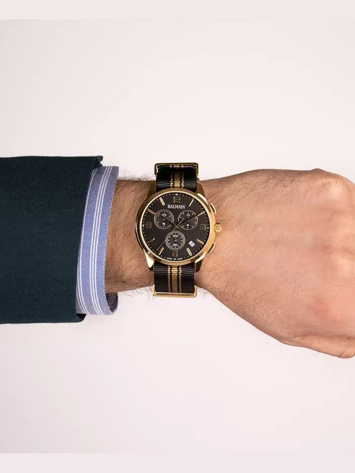 Мужские часы Swiss Chronograph Madrigal с черным полосатым ремешком NATO, 42 мм Balmain — изображение 5 из 5