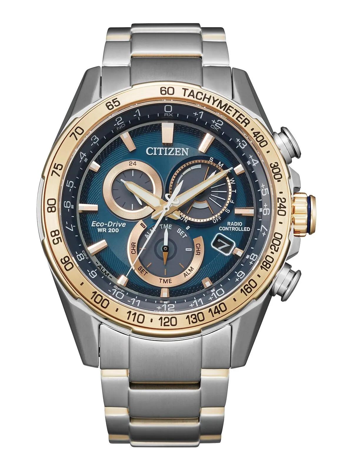 Мужские часы Eco-Drive с хронографом PCAT, двухцветный браслет из нержавеющей стали, 43 мм Citizen