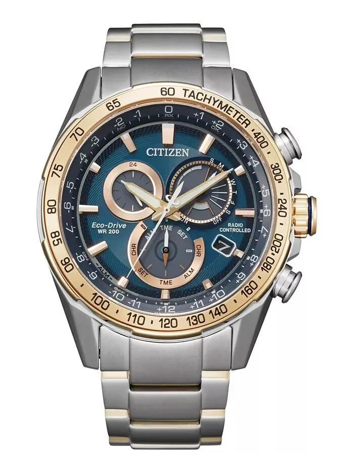 Мужские часы Eco-Drive с хронографом PCAT, двухцветный браслет из нержавеющей стали, 43 мм Citizen