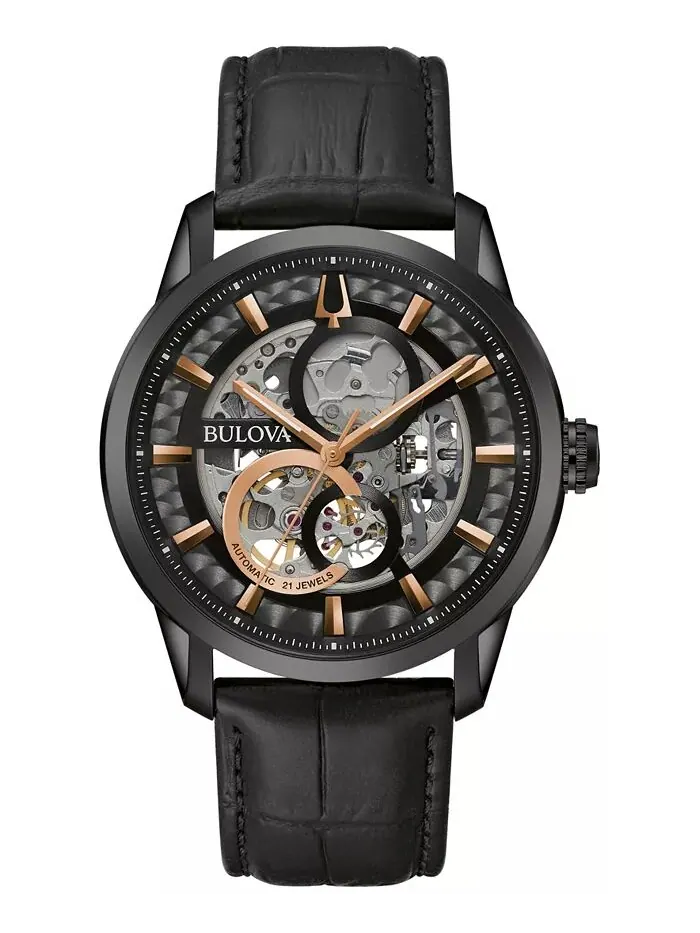 Мужские автоматические часы Sutton с черным кожаным ремешком 43 мм Bulova