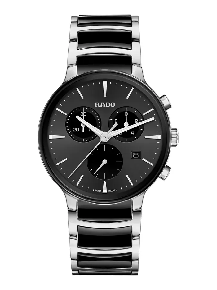 Унисекс-часы Swiss Chronograph Centrix с черным керамическим корпусом и браслетом из нержавеющей — изображение 1 из 4