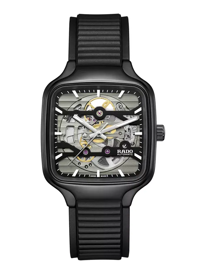 Унисекс-часы Swiss Automatic True Square Skeleton с черным резиновым ремешком, 38 мм Rado — изображение 1 из 4