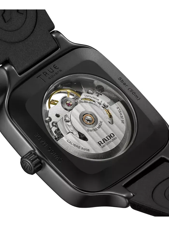 Унисекс-часы Swiss Automatic True Square Skeleton с черным резиновым ремешком, 38 мм Rado — изображение 2 из 4