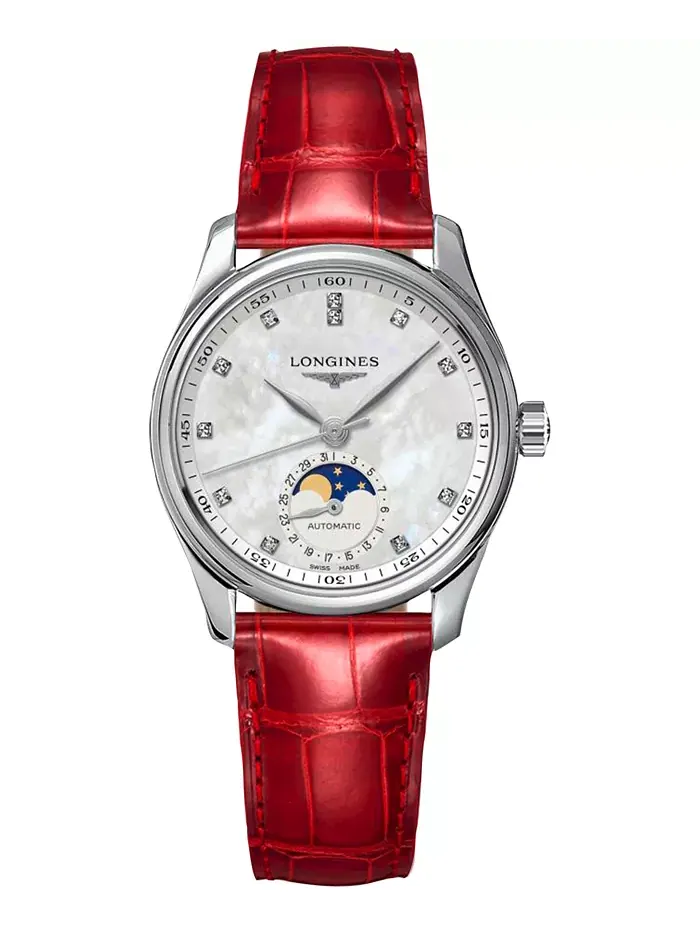 Женские часы Swiss Automatic Master Diamond (1/20 ct. t.w.) с красным кожаным ремешком, 34 мм — изображение 1 из 4