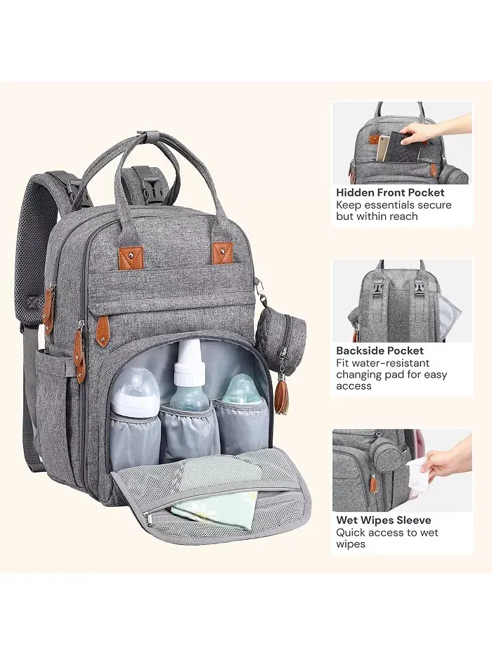 Стильный детский рюкзак-сумка для подгузников 26L Babbleroo — изображение 5 из 9, серый