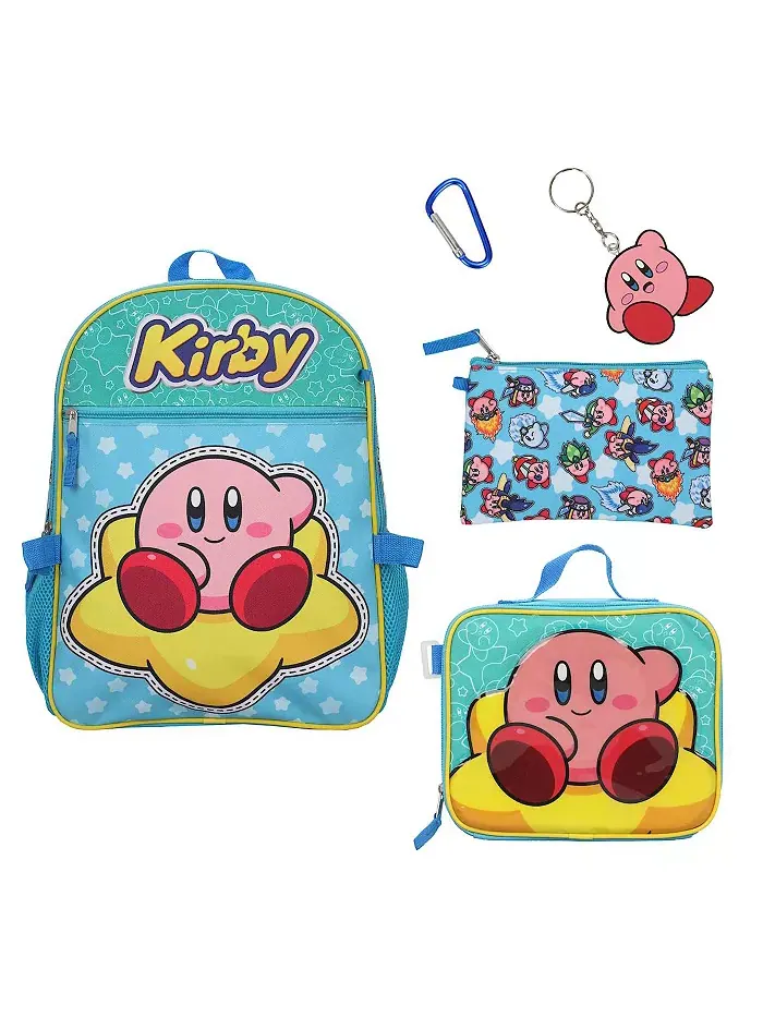 Набор Kirby из 5 предметов: рюкзак 16", ланчбокс, косметичка, резиновый брелок и карабин Kirby's — изображение 1 из 6, мульти