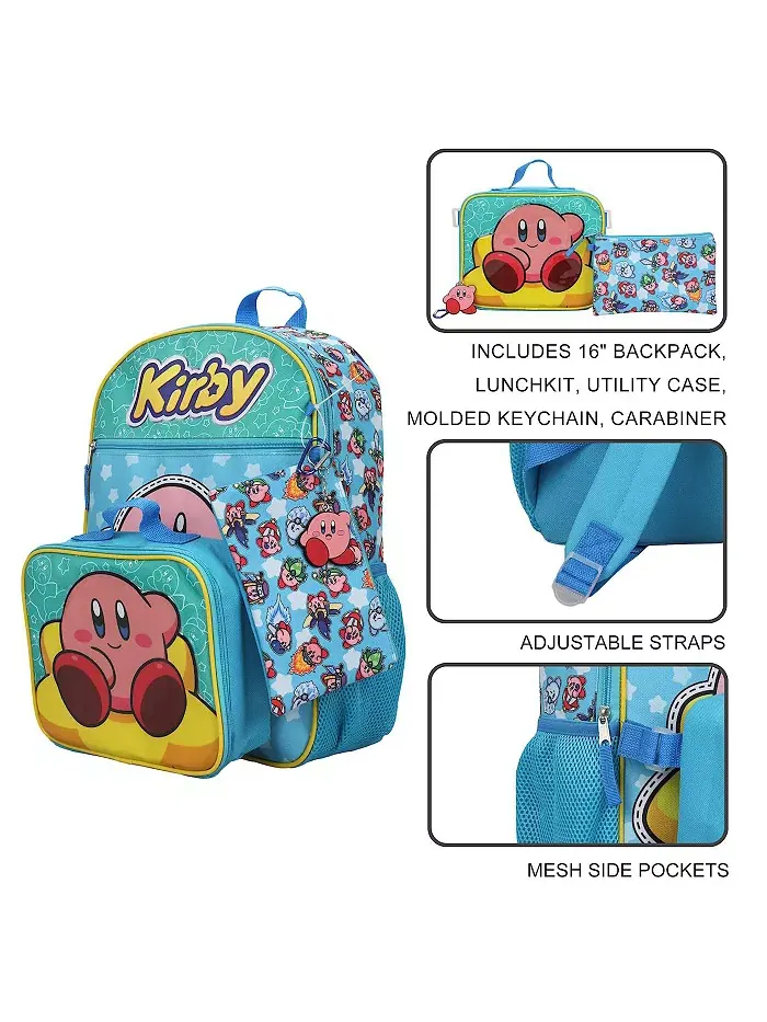 Набор Kirby из 5 предметов: рюкзак 16", ланчбокс, косметичка, резиновый брелок и карабин Kirby's — изображение 6 из 6, мульти