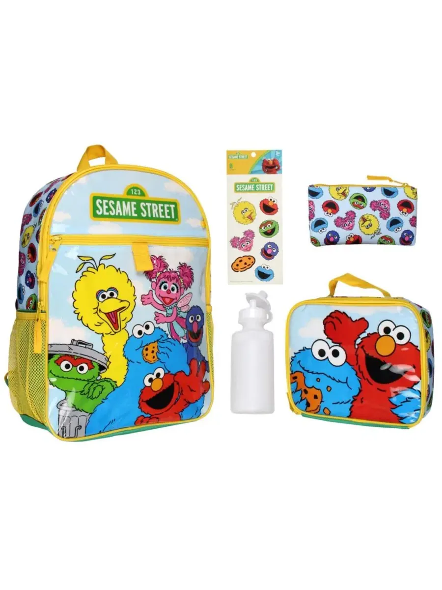 Детский рюкзак с ланч-боксом, пеналом, бутылкой и наклейками, Group Cookie Monster Elmo Big Bird — изображение 1 из 3, желтый