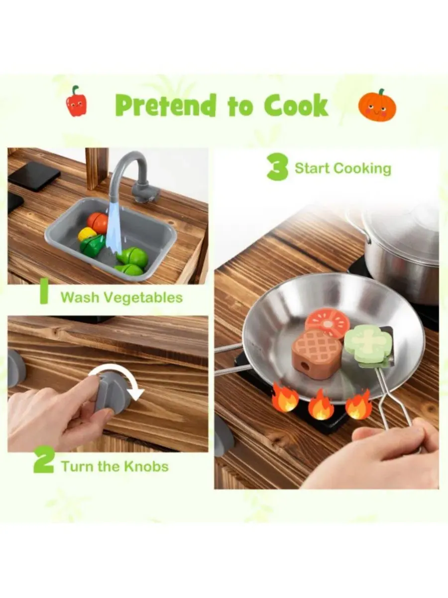 Игровая кухня из еловой древесины с 4 горшочками для мытья посуды, краном и съемной раковиной Hongge — изображение 8 из 9