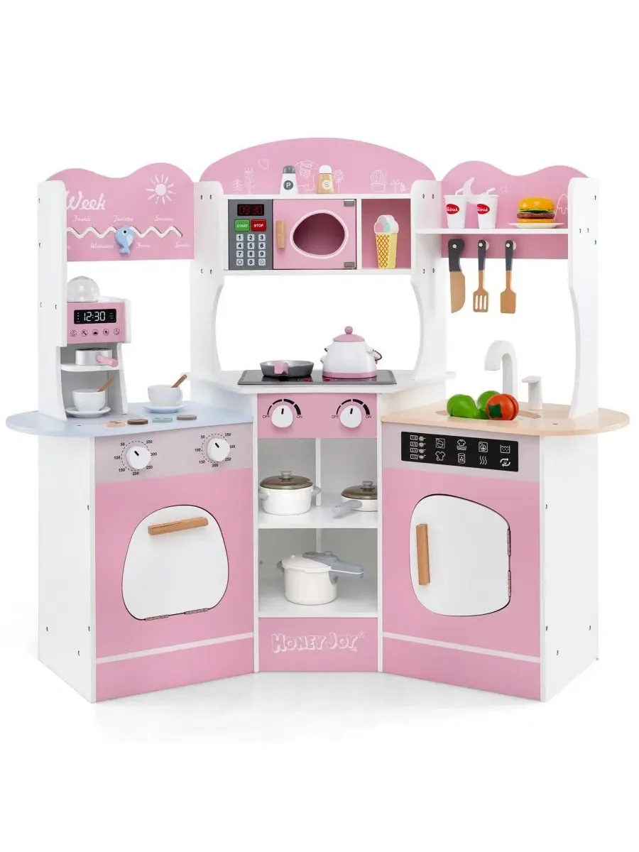 Угловая деревянная игровая кухня с кофемашиной и горкой для детей Mecale