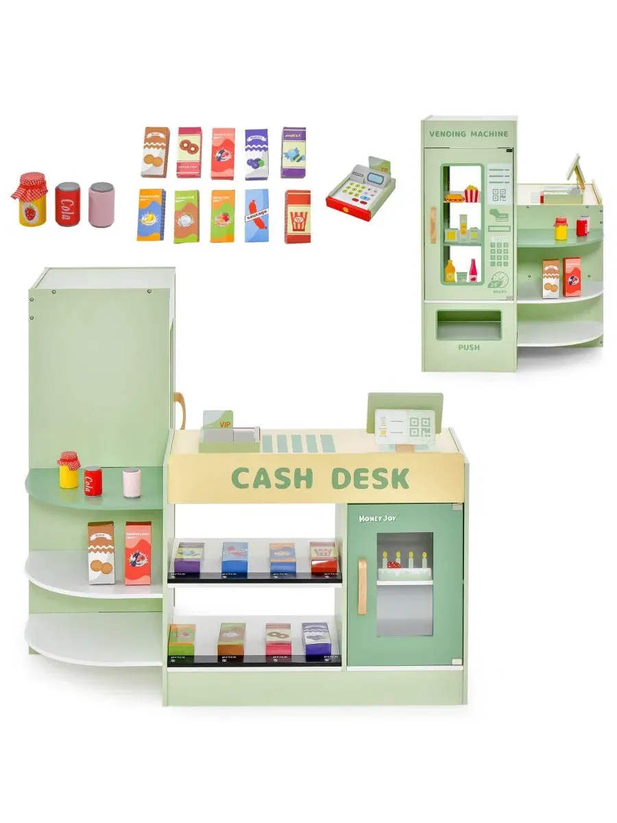 Деревянный супермаркет с кассой, вендинговым аппаратом и 13 продуктами, Kids Wooden Supermarket — зеленый