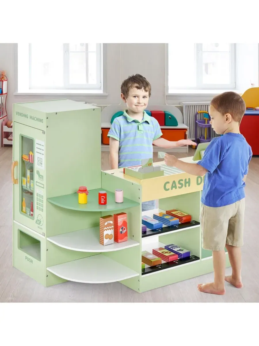 Деревянный супермаркет с кассой, вендинговым аппаратом и 13 продуктами, Kids Wooden Supermarket — изображение 9 из 10