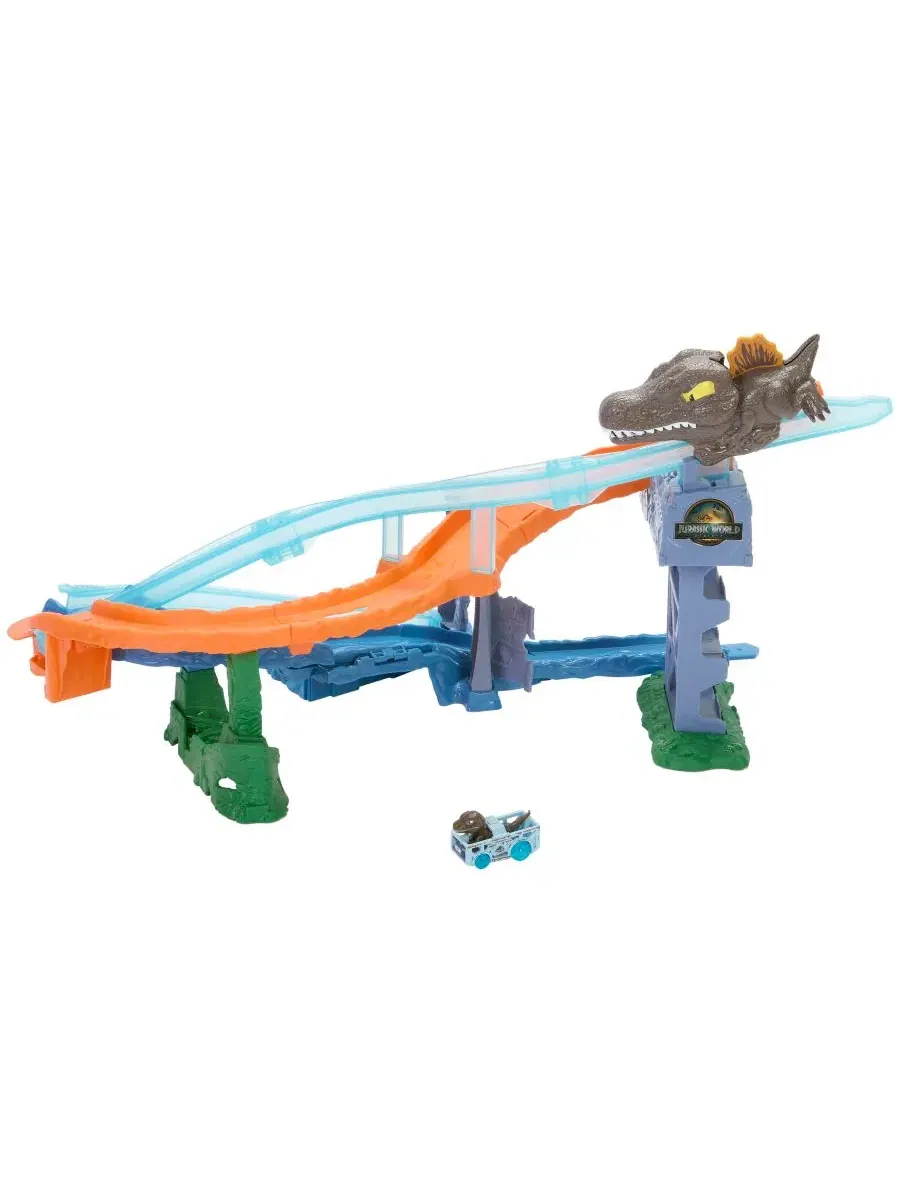 Набор трасс RacerVerse Jurassic World Crash & Splash и литая игрушечная машинка-динозавр Hot Wheels — изображение 1 из 6