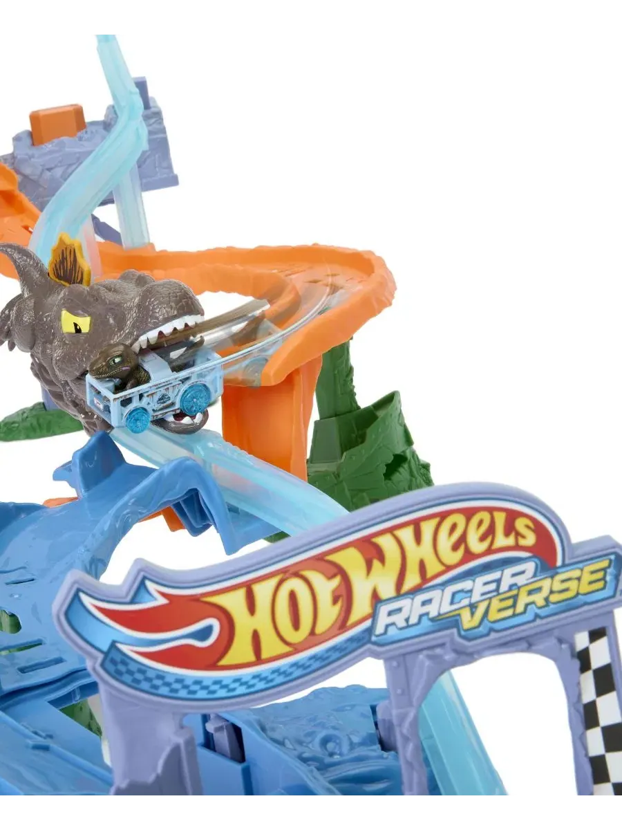 Набор трасс RacerVerse Jurassic World Crash & Splash и литая игрушечная машинка-динозавр Hot Wheels — изображение 2 из 6