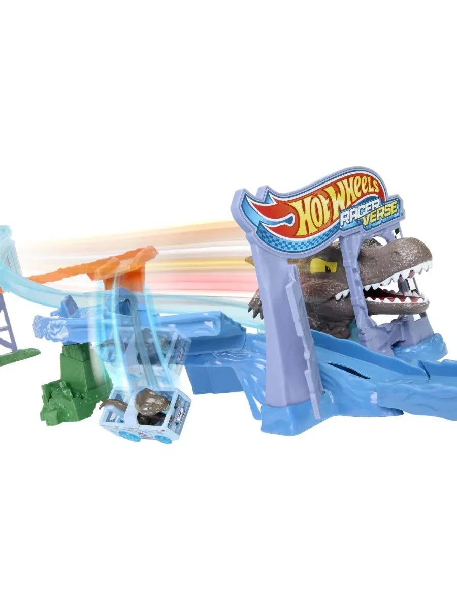 Набор трасс RacerVerse Jurassic World Crash & Splash и литая игрушечная машинка-динозавр Hot Wheels — изображение 3 из 6