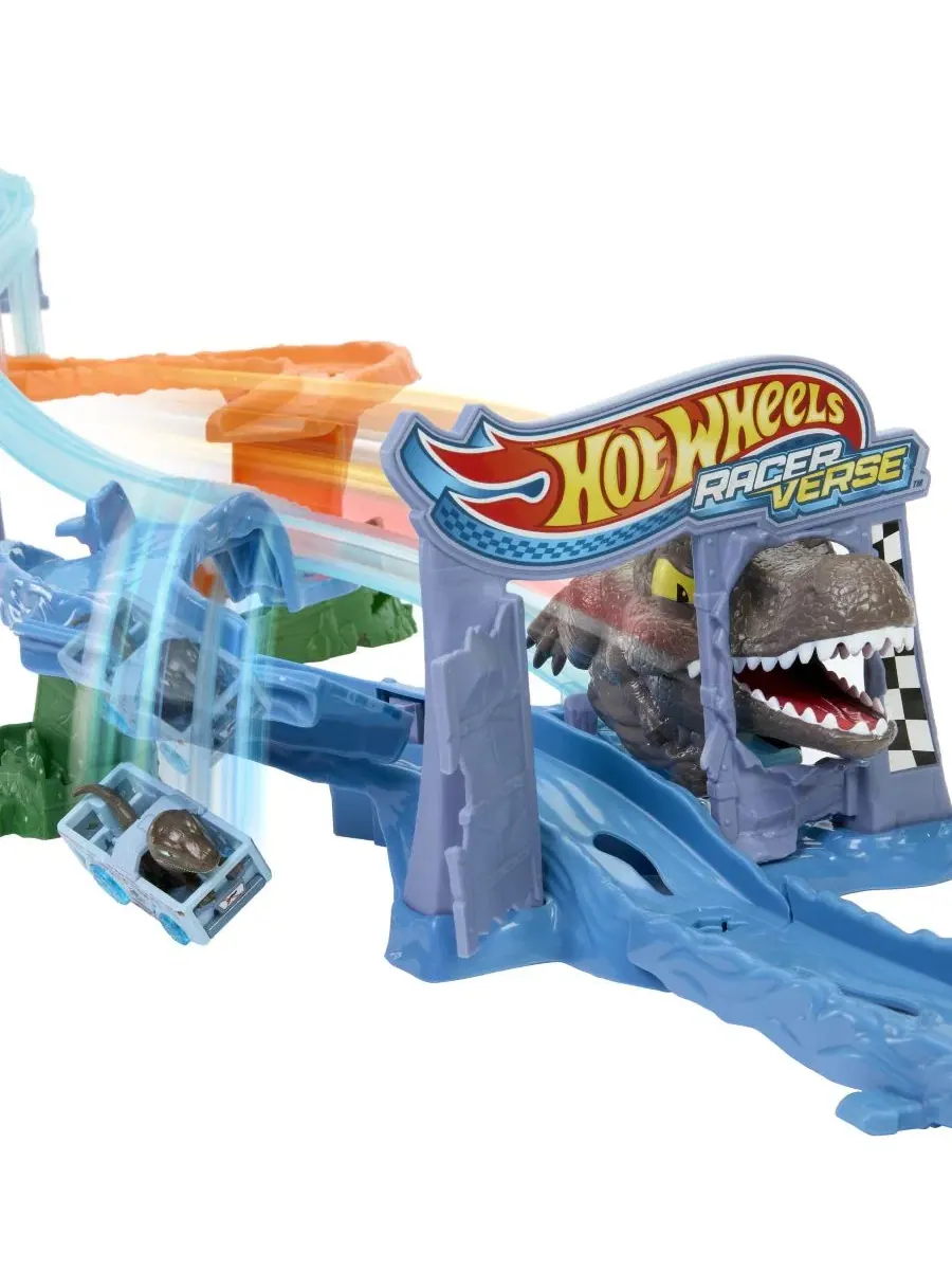 Набор трасс RacerVerse Jurassic World Crash & Splash и литая игрушечная машинка-динозавр Hot Wheels — изображение 4 из 6