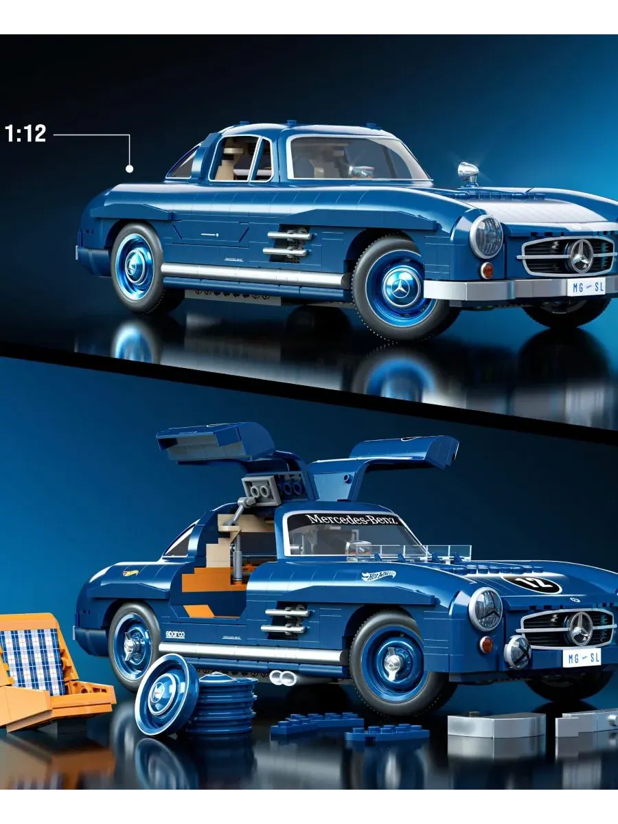 Конструктор Hot Wheels Mercedes-Benz 300 SL, 1600 деталей Mattel Brick Shop — изображение 5 из 6, мульти