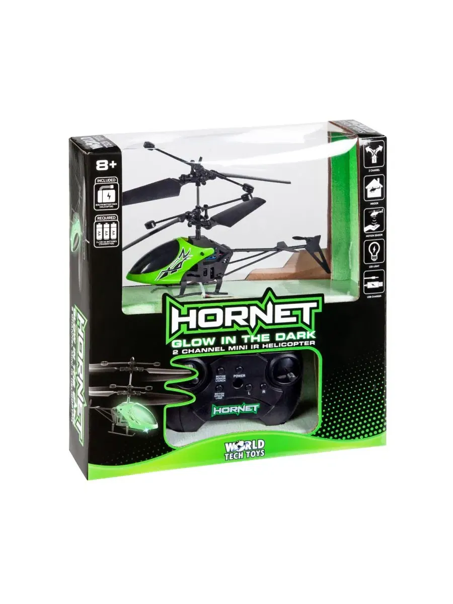 Вертолет Hornet, светящийся в темноте, 2 канала, ИК-подсветка World Tech Toys — изображение 2 из 7, зеленый