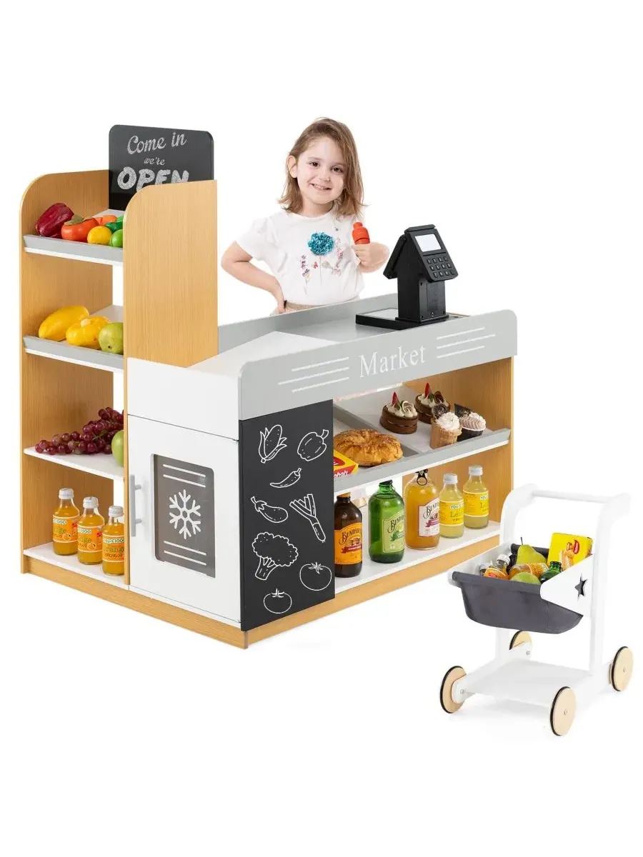 Деревянный игровой набор супермаркета с кассой и тележкой, белый Mecale