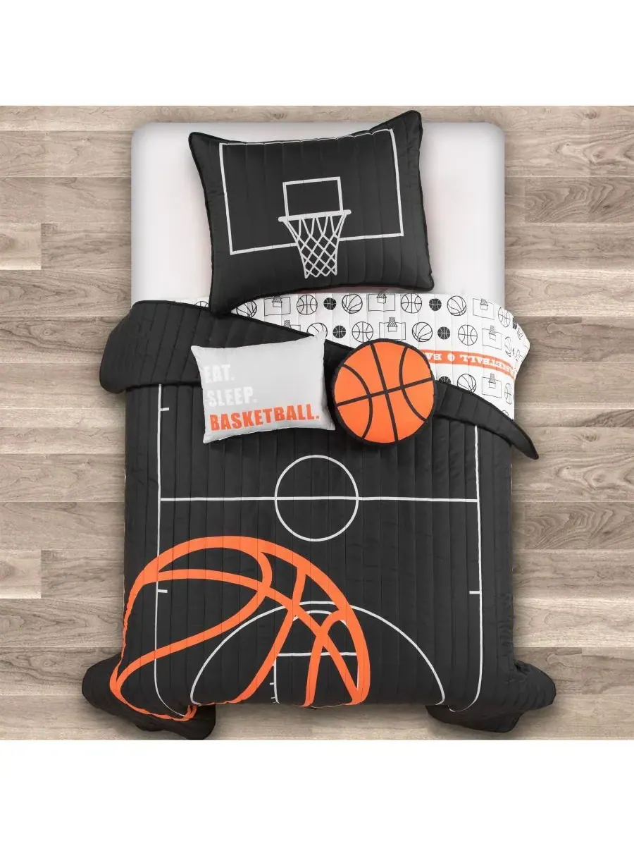 Детский баскетбольный комплект из 4 предметов (одеяло), размер Twin/Twin XL Lush Decor — изображение 4 из 8, черный оранжевый