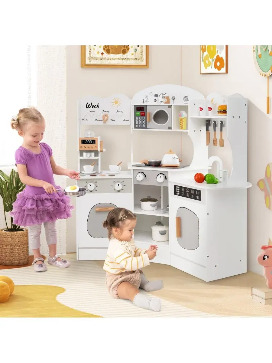 Угловая деревянная игровая кухня для детей с кофеваркой, раковиной и горкой - белая Hongge — изображение 5 из 11, белый