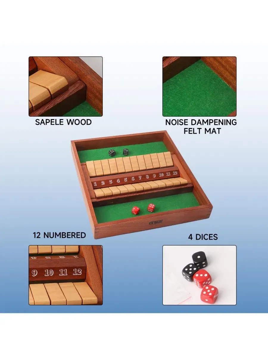 Деревянная доска для игры в "Закрой коробку" на 2 игрока с 12 кубиками (красные/черные), популярная — изображение 4 из 5