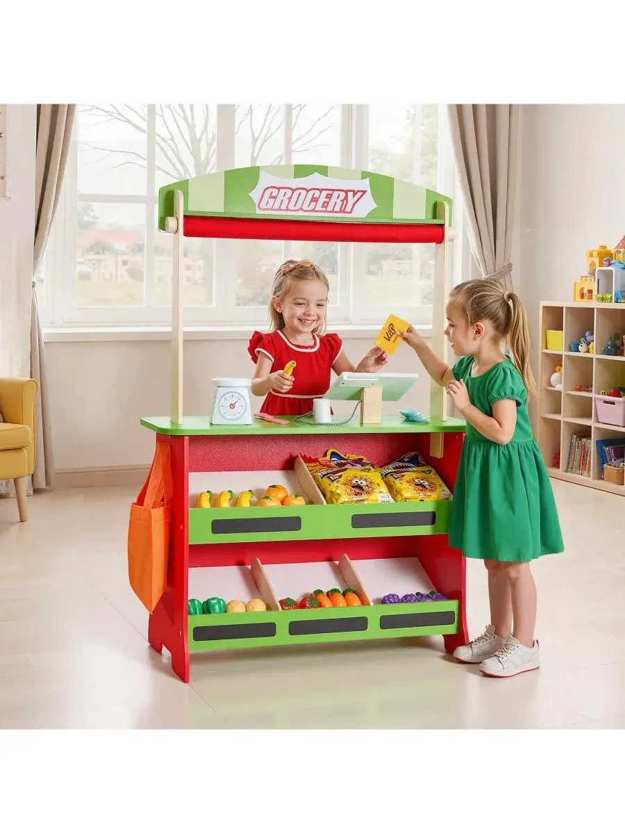 Деревянный кукольный театр 2-в-1 и двусторонний игровой набор с продуктами Slickblue — изображение 2 из 7, красный