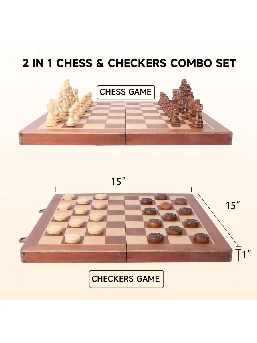 Большой деревянный складной игровой набор «2 в 1» (38 см ) для шахмат и шашек, с выдвижным ящиком — изображение 2 из 5