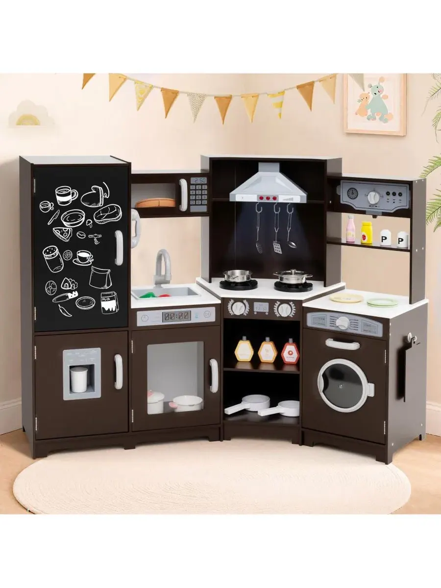 Детский кухонный уголок из дерева с подсветкой и звуками, модель Corner Wooden Play Kitchen Mecale — изображение 3 из 9