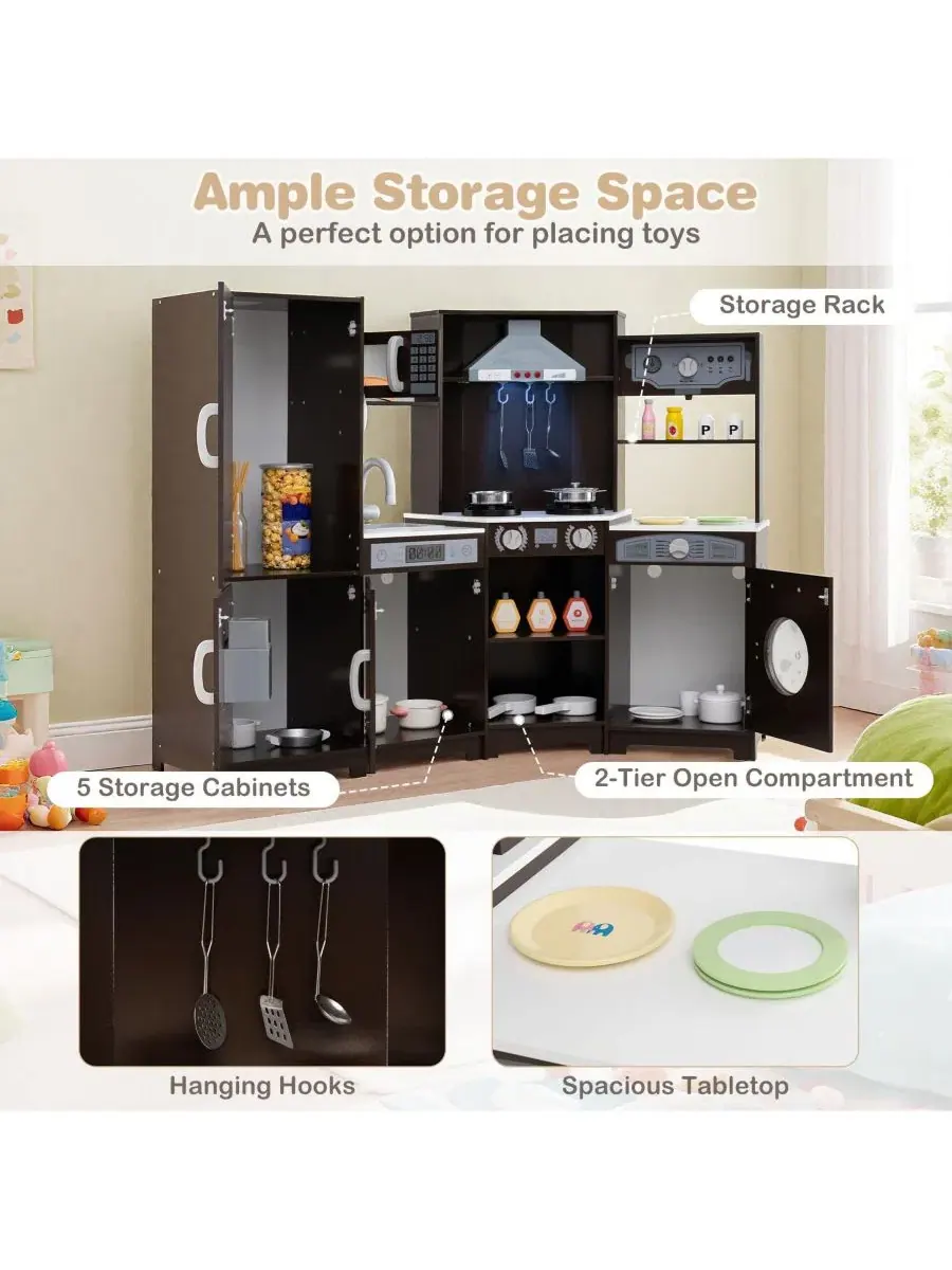 Детский кухонный уголок из дерева с подсветкой и звуками, модель Corner Wooden Play Kitchen Mecale — изображение 7 из 9