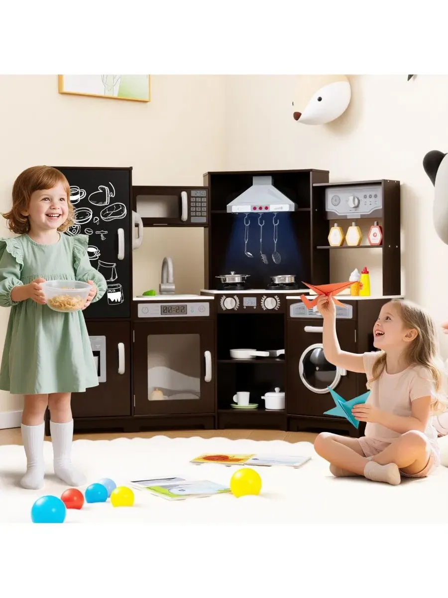 Детский кухонный уголок из дерева с подсветкой и звуками, модель Corner Wooden Play Kitchen Mecale — изображение 9 из 9