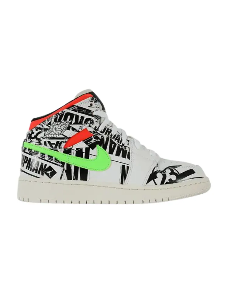 Кроссовки Air Jordan 1 Mid GS 'All Over Logos' — изображение 1 из 1, белый