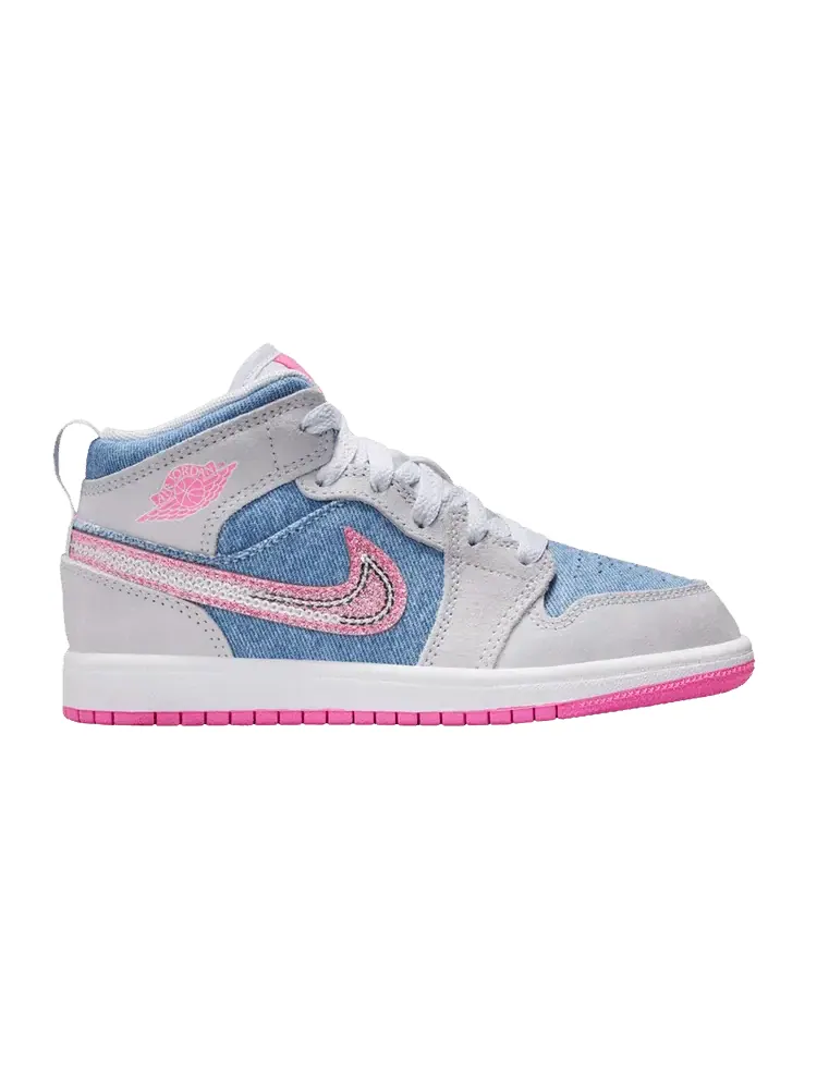 Кроссовки Air Jordan Air Jordan 1 Mid SE PS 'Denim Sequin' — изображение 1 из 1, белый/розовый