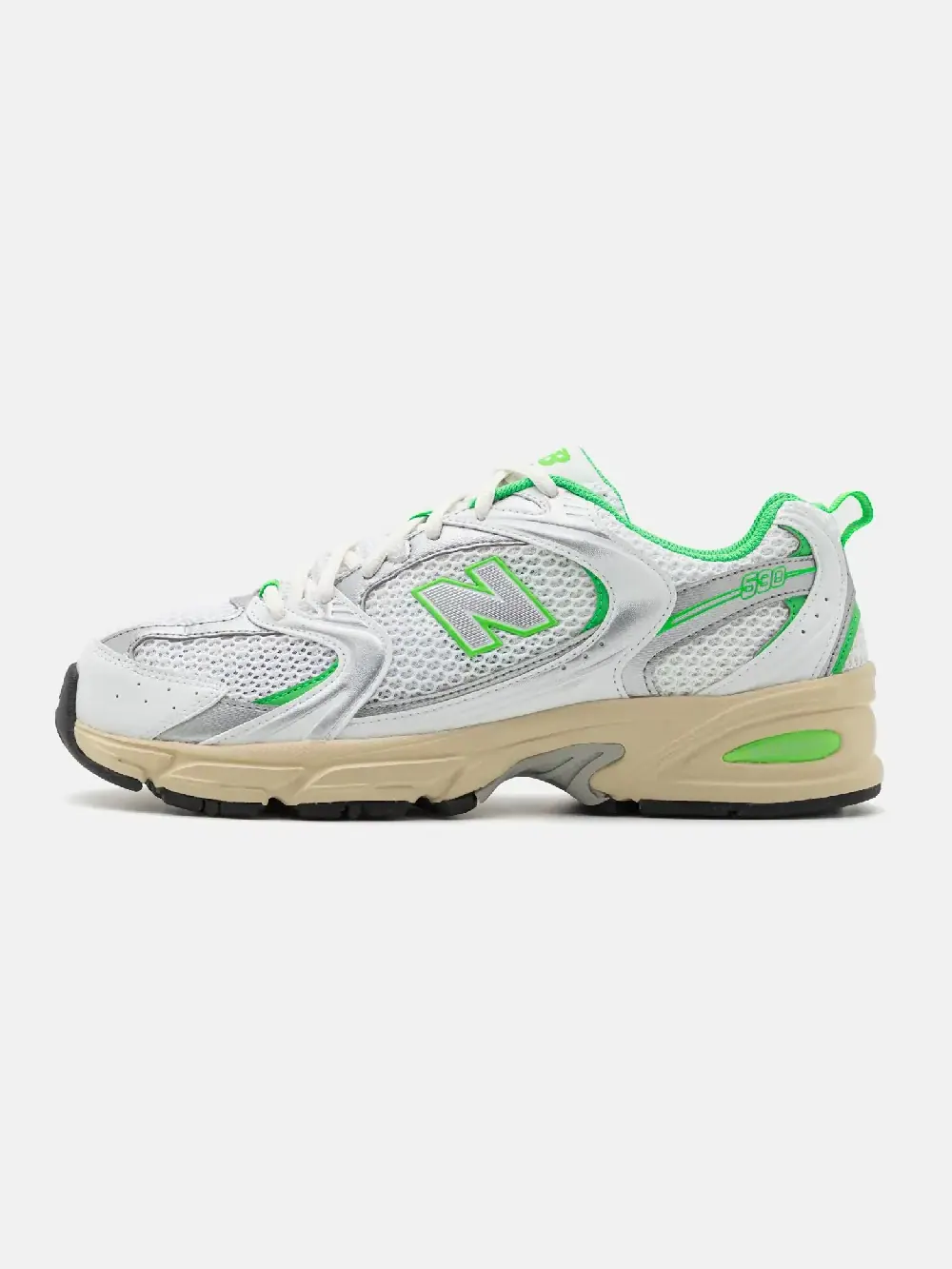 Кроссовки New Balance 530 унисекс, белый со светло-зеленым — изображение 1 из 11