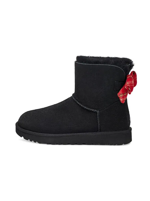 Ботинки зимние UGG с бантом и клетчатой лентой — изображение 2 из 4, черный