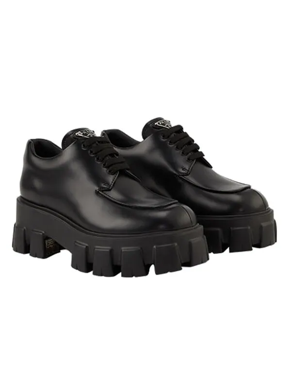 Кроссовки monolith brushed leather lace-up shoes 'black' Prada — изображение 2 из 4, черный