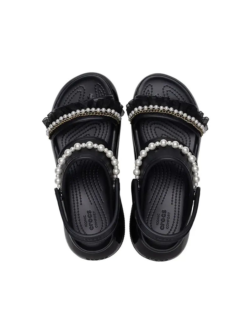 Сандалии (WMNS) Crocs Mega Crush Pearl Ruffle Sandal 'Black' — изображение 1 из 3, черный