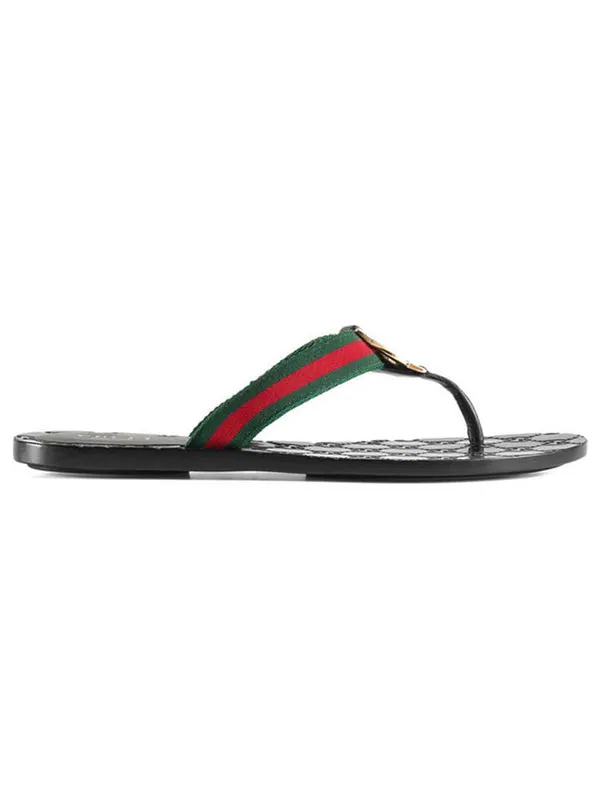 Тапочки gg thong web sandal 'black' Gucci — изображение 2 из 4, черный/зеленый