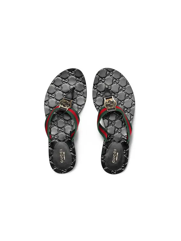 Тапочки gg thong web sandal 'black' Gucci — изображение 3 из 4, черный/зеленый