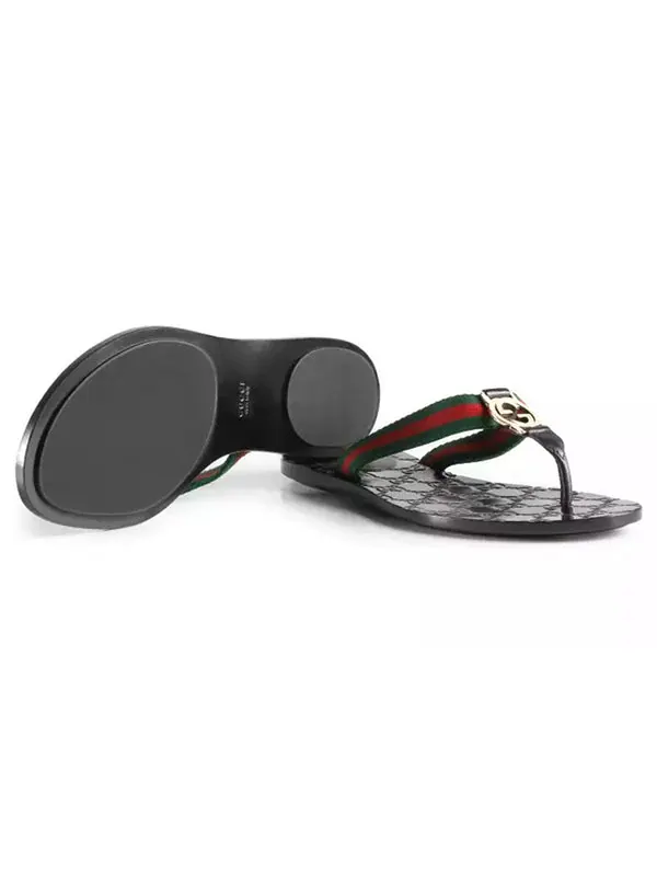 Тапочки gg thong web sandal 'black' Gucci — изображение 4 из 4, черный/зеленый