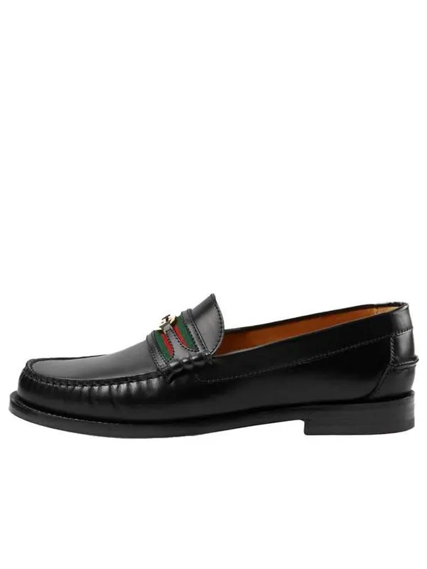 Кроссовки loafer with interlocking g green and red web 'black leather' Gucci — изображение 1 из 4, черный/зеленый/красный