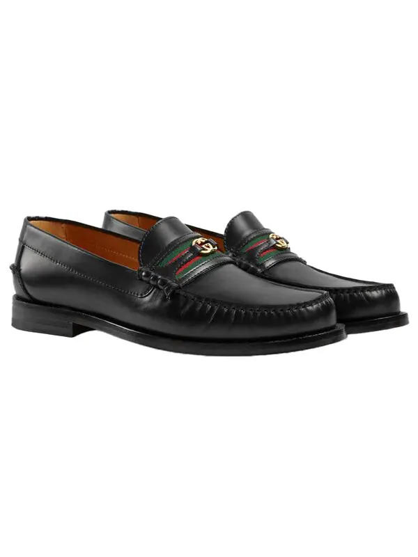 Кроссовки loafer with interlocking g green and red web 'black leather' Gucci — изображение 2 из 4, черный/зеленый/красный