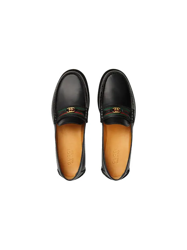 Кроссовки loafer with interlocking g green and red web 'black leather' Gucci — изображение 3 из 4, черный/зеленый/красный