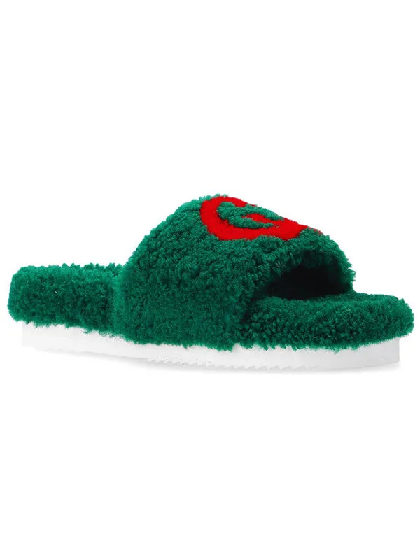 Тапочки merino wool slides 'green' Gucci — изображение 2 из 4, зеленый/красный